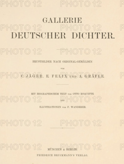 Gallerie deutscher Poet, book, writer (clerical worker): Otto Roquette, publisher: Friedrich Bruckmann's Verlag, Munich, 1878, Otto Roquette, Friedrich Bruckmann's Verlag, writer (clerical worker), Bavaria, textile materials, pasteboard, paper, linen (material), albumen print, color on cut, height 340 mm x width 265 mm x thickness 25 mm, A cream-colored page with centered dark gray printed lines and ornamental thin rules, featuring a large wide title area near the top, several smaller lines of evenly spaced text blocks down the page, and a small decorative horizontal mark in the middle; the paper shows a few tiny specks and slight discoloration spots.