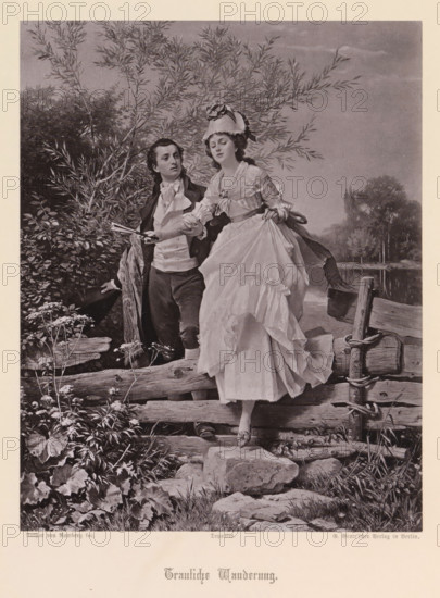 Trauliche Wanderung, Photo reproduction of a painting of a young man and woman passing a wooden gate, reproduction, page, photomechanical print, maker: G.-Grote'sche Verlagsbuchhandlung, after painting by Arthur Georg von Ramberg, c. 1874 - in or before 1884, G.-Grote'sche Verlagsbuchhandlung, Arthur Georg von Ramberg, photographer, after painting by, paper, collotype, photoprint, height 201 mm x width 158 mm, fence, wall, eel, adolescent, young woman, maiden, youth, strolling, A monochrome illustration shows a young man and woman standing on a rustic wooden fence beside a body of water, surrounded by foliage and trees. The woman wears a layered, ruffled dress and a bonnet with ribbon and flower details, and she holds up part of her skirt with one hand while the other is lightly held by the man. The man is dressed in formal attire with a jacket and cravat, one hand extending toward the woman and the other resting on the fence. Tall leafy branches arch behind them, and plants and flower...
