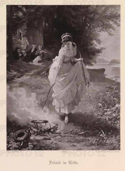 Photographic reproduction of a painting of a woman by a campfire and a group under a tree, Picnic in the Forest, reproduction, page, photomechanical print, maker: G.-Grote'sche Verlagsbuchhandlung, after painting by Paul Thumann, c. 1878 - in or before 1884, G.-Grote'sche Verlagsbuchhandlung, Paul Thumann, photographer, after painting by, paper, collotype, photogravure, height 201 mm x width 157 mm, adolescent, young woman, maiden, open fire (in general), A young woman in a layered dress and headband stands by a riverside, lifting part of her skirt with one hand and holding a long walking stick in the other, her gaze directed downward; nearby a small fire burns with a kettle and a tripod over it, smoke rising; behind her, a group of three seated figures recline against trees in a shaded wooded area; a boat rests at the water's edge and distant trees and hills line the far shore; grasses, wildflowers, and leafy undergrowth surround the scene and tall trees form a canopy above.