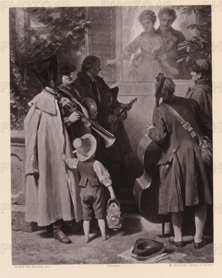 Das Ständchen, Photo reproduction of a painting of a serenade under an open window, reproduction, page, photomechanical print, maker: G.-Grote'sche Verlagsbuchhandlung, after painting by Arthur Georg von Ramberg, c. 1874 - in or before 1884, G.-Grote'sche Verlagsbuchhandlung, Arthur Georg von Ramberg, photographer, after painting by, paper, collotype, light print, height 201 mm x width 158 mm, musician - CC - out of doors, opening the window, A group of people stand at a doorway with a woman and a man visible through the open window above them; the woman wears a dress with puffed sleeves and a floral headpiece and the man stands close behind her. In front of the doorway, several figures face the window: a tall figure in a long cloak and broad-brimmed hat holds a brass instrument, an older man in a cloak and hat stands beside him holding a bowl, another man in dark clothing holds a violin, and a younger boy in a vest and short trousers stands with his back to the viewer holding a lanter...