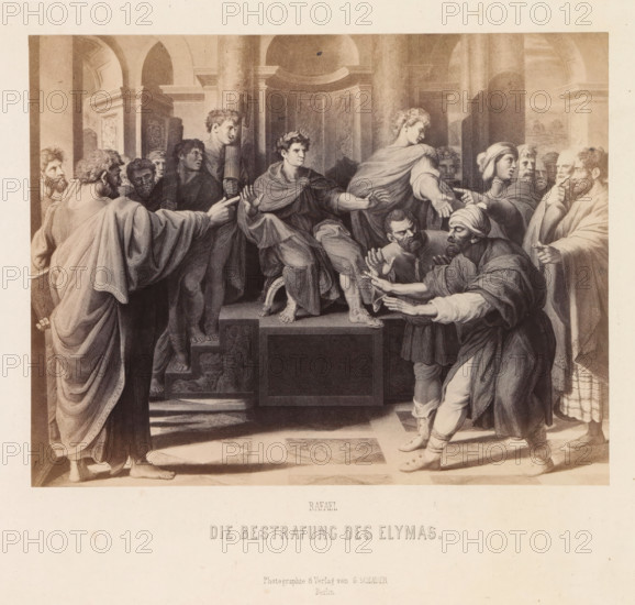 Rafael, The Punishment of Elymas, Photographic reproduction of a print after a cartoon for a tapestry by Raphael, depicting Elymas struck blind, photograph, reproduction, page, photographer: Gustav Schauer, Berlin, after print by anonymous, after drawing by Raphael, c. 1851 - in or before 1861, after print by, paper, albumen print, height 138 mm x width 176 mm, the sorcerer Elymas (Elymes, Bar-Jesus), who tries to prevent Paul and Barnabas from speaking, is struck blind by Paul, A large sepia-toned engraving shows a group of robed men gathered in an architectural interior with columns and arches; a central seated figure wearing a cloak and a laurel crown raises his hands while several standing men around him gesture with outstretched arms and pointed fingers, some with expressive faces turned toward each other; to the right, two men in head coverings lean forward with hands raised in pleading or protest while another man behind them touches his chin; to the left, cloaked figures stand ...