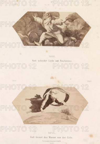 Photo reproductions of prints after frescoes depicting God by Raphael for the loggias in the Vatican, Raphael, God separates light and darkness. God separates the water from the earth, photograph, reproduction, page, number: 'Image 1. Image 2. I. Loge', photographer: Gustav Schauer, Berlin, after print by anonymous, c. 1851 - in or before 1861, after print by, paper, albumen print, height 325 mm x width 245 mm, division of light and darkness, creation of the firmament and division of the waters above and below it, A faded sheet showing two hexagonal sepia-toned illustrations stacked vertically, each depicting a robed bearded figure floating among swirling clouds in dynamic poses, with the upper figure extending an arm outward and legs bent, surrounded by billowing smoke-like forms, and the lower figure also reaching outward above a curved landscape with a few small trees, both illustrations set against a pale, slightly stained background.