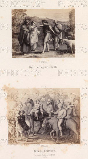 Photo reproductions of prints after frescoes depicting Jacob by Raphael for the loggias in the Vatican, Raphael. Der betrogene Jacob. Jacobs Heimzug, photograph, reproduction, page, number: 'No 23. No 24. Bild 3. Bild 4. VI. Loge.', photographer: Gustav Schauer, Berlin, after print by anonymous, after painting by Raphael, c. 1851 - in or before 1861, after print by, paper, albumen print, albumendruk, height 325 mm x width 250 mm, story of Jacob, A vertically oriented print with two framed classical-style scenes stacked one above the other, each depicting groups of robed figures and animals in outdoor landscapes; the upper scene shows four robed people standing on a grassy foreground with a ram nearby, trees and hills behind them, two central figures facing each other with one extending an arm, while two others stand close by in varied poses; the lower scene shows a larger procession of people and animals, including camels and a donkey, with seated women holding infants on camel backs, ...