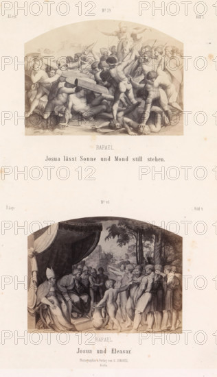 Rafael. Josua lässt Sonne und Mond still stehen. Josua und Eleasar, Photo reproductions of prints after frescoes with representations of Joshua making the sun and moon stand still and Joshua at Eleazar by Raphael for the loggias in the Vatican, photograph, reproduction, page, number: 'No 39. No 40. Bild 3. Bild 4. X. Loge.', photographer: Gustav Schauer, Berlin, after print by anonymous, after painting by Rafaël, c. 1851 - in or before 1861, after print by, paper, albumen print, albumendruk, height 325 mm x width 250 mm, Joshua orders the sun and the moon to stand still over Gibeon and Aijalon until the Amorites who had besieged the city of Gibeon are routed, The image shows a vertical sheet with two separate classical-style scenes framed by rounded tops. The upper scene depicts a crowded battle with many mostly nude or lightly draped male figures in dynamic poses, some wielding shields and spears, one mounted figure on a horse raising an arm, and several fallen figures on the ground. ...