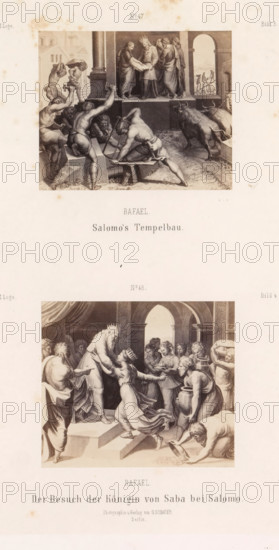 Photo reproductions of prints after frescoes depicting the construction of Solomon's Temple and the Queen of Sheba visiting Solomon by Raphael for the loggias in the Vatican, Raphael. Solomon's Temple Construction. The Visit of the Queen of Sheba to Solomon, photograph, reproduction, page, number: 'No 47. No 48. Picture 3. Picture 4. XII. Loge.', photographer: Gustav Schauer, Berlin, after print by anonymous, after painting by Raphael, c. 1851 - in or before 1861, after print by, paper, albumen print, height 325 mm x width 250 mm, Solomon and the queen of Sheba (1 Kings 10:1-3, 2 Chronicles 9:1-9), Solomon builds a temple for pagan gods, The image shows two rectangular engravings arranged vertically on a pale sheet. The top engraving depicts a group of men engaged in construction work in front of a columned building, with several muscular, partially clothed workers using tools around stone blocks while robed figures stand on a raised platform, one wearing a crown and receiving a rolled...
