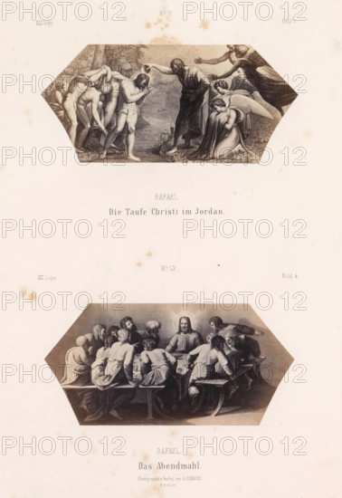 Photo reproductions of prints after frescoes depicting the Baptism of Christ and the Last Supper by Raphael for the loggias in the Vatican, Raphael. Die Taufe Christi im Jordan. Das Abendmahl, photograph, reproduction, page, number: 'No 51. No 52. Bild 3. Bild 4. XIII. Loge.', photographer: Gustav Schauer, Berlin, after print by anonymous, after painting by Raphael, c. 1851 - in or before 1861, Rafaël, after print by, paper, albumen print, height 325 mm x width 250 mm, baptism of Christ in the river Jordan: John the Baptist pouring out water on Christ's head: the Holy Ghost descends, Last Supper (in general) (Matthew 26:21-35, Mark 14:18-31, Luke 22:3, 22:15-23, John 13:21-38), An off-white sheet showing two sepia-toned hexagonal illustrations aligned vertically, the upper depicting a group of robed and partially draped figures beside a river with one central standing figure pouring water over another who is bowed, and attendants or angels nearby, the lower depicting a long table scene...
