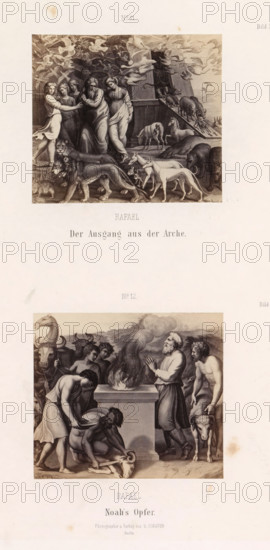 Photo reproductions of prints after frescoes depicting Noah's Ark and the Sacrifice of Noah by Raphael for the loggias in the Vatican, Raphael Der Ausgang aus der Arche. Noah's Opfer, photograph, reproduction, page, number: 'No 11. No 12. Bild 3. Bild 4. III. Loge.', photographer: Gustav Schauer, Berlin, after print by anonymous, after painting by Raphael, c. 1851 - in or before 1861, Rafaël, after print by, paper, albumen print, albumendruk, height 325 mm x width 250 mm, Noah's sacrifice, various animals are offered, possibly a lamb, a dove and a ram (often combined with the rainbow of the covenant), Noah, his family and the animals leave the ark (sometimes combined with the rainbow of the covenant). covenant), A single sheet with two grayscale rectangular illustrations stacked vertically, each bordered by wide white margins and accompanied by short printed captions beneath. The top illustration shows a group of humans standing near a large wooden ark while numerous birds fly overhead...