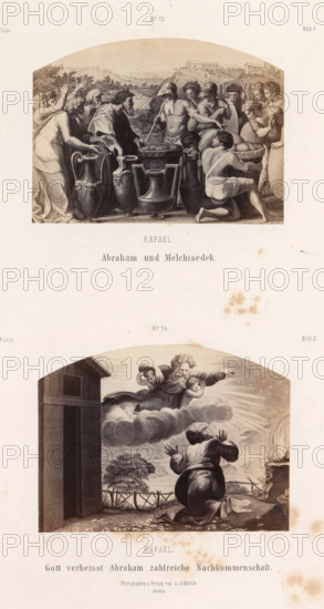 Photo reproductions of prints after frescoes depicting Abraham with Melchizedek and God's Message to Abraham by Raphael for the loggias in the Vatican, Raphael Abraham und Melchizedek. Gott verheisst Abraham zahlreiche Nachkommenschaft, photograph, reproduction, page, number: 'No 13. No 14. Bild 1. Bild 2. IV. Loge.', photographer: Gustav Schauer, Berlin, after print by anonymous, after painting by Raphael, publisher: Gustav Schauer, c. 1851 - in or before 1861, Gustav Schauer, Rafaël, photographer, after print by, after painting by, publisher, paper, albumen print, height 325 mm x width 250 mm, God promises that Abraham's seed shall be as numerous as the stars of heaven, Melchizedek blesses Abraham, A vertical sheet showing two separate classical-style illustrations one above the other, each within a rounded arch frame; the upper image depicts a group of robed figures gathered around large ornate vessels and a central table where a bearded man and another figure wearing a helmet gestu...
