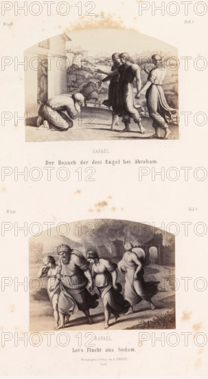 Rafael The Visit of the Three Angels to Abraham. Lot's Flight from Sodom, Photoreproductions of prints after frescoes depicting the visit of angels to Abraham and Lot's flight from Sodom by Raphael for the loggias in the Vatican, photograph, reproduction, page, number: 'No 15. No 16. Bild 3. Bild 4. IV. Loge.', photographer: Gustav Schauer, Berlin, after print by anonymous, after painting by Raphael, c. 1851 - in or before 1861, Rafaël, after print by, paper, albumen print, albumendruk, height 325 mm x width 250 mm, Abraham kneels before the angels, Lot's wife looks back at the city and is transformed into a pillar of salt, Lot, seeing the destruction of the cities and fearing for his safety in Zoar, flees with his daughters to a cave in the mountains, A tall rectangular sheet shows two separate classical-style scenes framed by arched tops, each depicting groups of robed figures in outdoor settings; the upper scene has three standing figures in flowing garments facing and gesturing tow...
