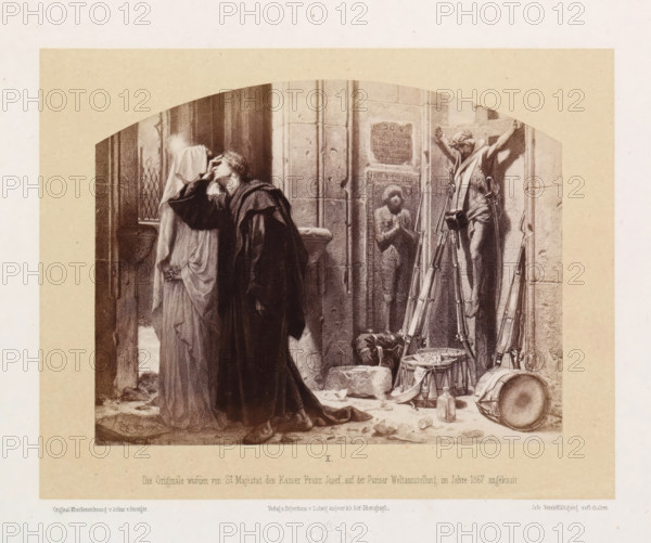 Photo reproduction of a drawing of an interior of a destroyed church with weapons on a statue of Christ and a man next to probably an angel who does not want to see this, Gottesfrevel, photograph, reproduction, page, inscription: 'Die Originale wurden von Sr Majestat den Kaiser Franz Josef auf der Pariser Weltausstellung im Jahre 1867 angekauft.', number: 'X.', photographer: Ludwig Angerer, Vienna, after drawing by Artur Grottger, c. 1867 - in or before 1868, Lower Austria, paper, albumen print, height 115 mm x width 148 mm, Sacrilege, 'Sacrilegio' (Ripa), A sepia-toned illustration shows two robed figures standing close together in an arched stone doorway, one figure with a hooded cloak and the other with a darker cloak holding a hand to their face; to the right a mounted crucified figure is displayed on the wall above a row of stacked rifles and a drum and scattered bottles and stones on the ground; architectural stone blocks and a carved relief of a praying figure appear on the wall...
