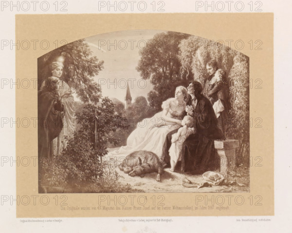 Photo reproduction of a drawing of a group in a garden looking at a streak of light in the sky, Unglückliches Vorzeichen, photograph, reproduction, page, number: 'II.', inscription: 'Die Originale wurden von Sr Majestat den Kaiser Franz Josef, auf der Pariser Weltausstellung im Jahre 1867 angekauft.', photographer: Ludwig Angerer, Vienna, after drawing by Artur Grottger, c. 1867 - in or before 1868, Lower Austria, paper, albumen print, albumendruk, height 115 mm x width 149 mm, garden, A sepia-toned illustration framed by a rectangular beige border shows a group of figures gathered outdoors beneath trees and foliage, including a seated woman in a flowing dress looking sideways, an older woman with clasped hands seated beside her, a small child standing and holding the older woman's garment, and a reclining dog in the foreground; to the left a robed figure stands under a tree extending a hand while another veiled figure stands behind, and to the right two standing figures lean together ...
