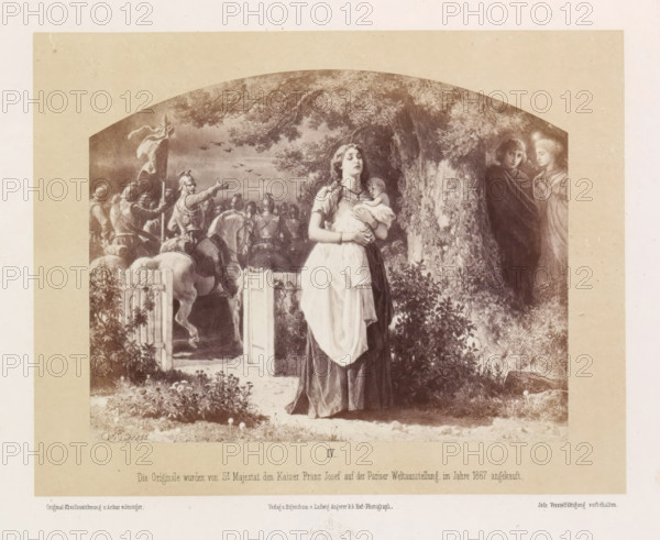 Des Kriegers Abschied, Photo reproduction of a drawing of a soldier saying goodbye to a woman with a child in her arms from his horse, photograph, reproduction, page, inscription: 'Die Originale wurden von Sr Majestat den Kaiser Franz Josef auf der Pariser Weltausstellung im Jahre 1867 angekauft.', number: 'IV.', photographer: Ludwig Angerer, Vienna, after drawing by Artur Grottger, c. 1867 - in or before 1868, Lower Austria, paper, albumen print, height 115 mm x width 147 mm, waving farewell, departure on a journey, the soldier, the soldier's life, A sepia-toned illustration shows a young woman standing in the foreground holding an infant to her chest, wearing a long dress with an apron and a necklace, her eyes partly closed and her expression solemn; behind her a large tree trunk and dense foliage frame two partially visible figures standing in shadow near the tree, one draped in a dark cloak and the other in lighter garments. To the left a wooden gate stands open beside a horse and ...