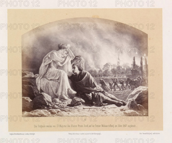 Photo reproduction of a drawing of a man and a woman in front of a burning city from which people are leaving, Das Brandopfer, photograph, reproduction, page, inscription: 'Die Originale wurden von Sr Majestat den Kaiser Franz Josef auf der Pariser Weltausstellung im Jahre 1867 angekauft.', number: 'V.', photographer: Ludwig Angerer, Vienna, after drawing by Artur Grottger, c. 1867 - in or before 1868, Lower Austria, paper, albumen print, height 115 mm x width 148 mm, rescue from fire, A grayscale illustration framed by a beige border shows a seated woman in flowing drapery with one hand to her head and a man kneeling beside her looking up; rocks form the foreground where another figure lies prone and a staff lies on the ground; behind them a procession of small, moving figures advances toward a distant town with clustered buildings and tall, narrow trees beneath a smoky, clouded sky that contains bright, arching streaks.