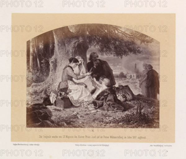 Photo reproduction of a drawing of a group with belongings and food under a tree in front of a destroyed house, it depicts famine, Die Hungersnoth, photograph, reproduction, page, inscription: 'Die Originale wurden von Sr Majestat den Kaiser Franz Josef auf der Pariser Weltausstellung im Jahre 1867 angekauft.', number: 'VI.', photographer: Ludwig Angerer, Vienna, after drawing by Artur Grottger, c. 1867 - in or before 1868, Lower Austria, paper, albumen print, albumendruk, height 115 mm x width 147 mm, starvation, famine, A sepia-toned framed print shows a group of people gathered under a large tree with sprawling branches and textured bark; in the foreground a seated woman in a dress leans forward holding an object while another woman beside her covers her face, and two small children reach toward them; a bearded man stands nearby with a contemplative posture, and two other standing figures are visible farther back near a low building and a tall chimney in a distant landscape; various...