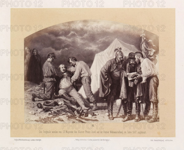 Verrath und Strafe, Photo reproduction of a drawing of a suspected traitor held by two men and three soldiers reading a letter, photograph, reproduction, page, number: 'VII.', inscription: 'Die Originale wurden von Sr Majestat den Kaiser Franz Josef auf der Pariser Weltausstellung im Jahre 1867 angekauft.', photographer: Ludwig Angerer, Vienna, after drawing by Artur Grottger, c. 1867 - in or before 1868, Lower Austria, paper, albumen print, albumendruk, height 115 mm x width 149 mm, the soldier, the soldier's life, treason, A sepia-toned illustration shows a group of men in historical clothing gathered on a barren ground strewn with broken objects and ropes, with a large tent and a cloudy sky in the background; at left two figures stand apart partially in shadow while nearby a seated man with a distressed expression is being supported by two standing men, one holding his arm and another grasping his shoulder; at right three men stand closely together examining a sheet held by one of t...