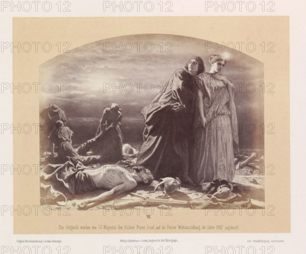 Menschen oder Schakale?, Photo reproduction of a drawing of probably an angel and a man who watches the actions of other people on a battlefield, photograph, reproduction, page, inscription: 'Die Originale wurden von Sr Majestat den Kaiser Franz Josef auf der Pariser Weltausstellung im Jahre 1867 angekauft.', number: 'VIII.', photographer: Ludwig Angerer, Vienna, after drawing by Artur Grottger, c. 1867 - in or before 1868, Lower Austria, paper, albumen print, albumendruk, height 115 mm x width 148 mm, after the battle, A sepia-toned print framed by a beige border shows a dramatic scene on a shoreline with a cloudy sky. Two standing figures in draped garments occupy the center right, one looking outward with a hand near the other’s shoulder while the other gazes to the side. Around them on the sand lie several bodies in various poses, some partially covered, one foreground figure shown lying on his back with an arm extended. Scattered near the foreground are objects including a helmet ...