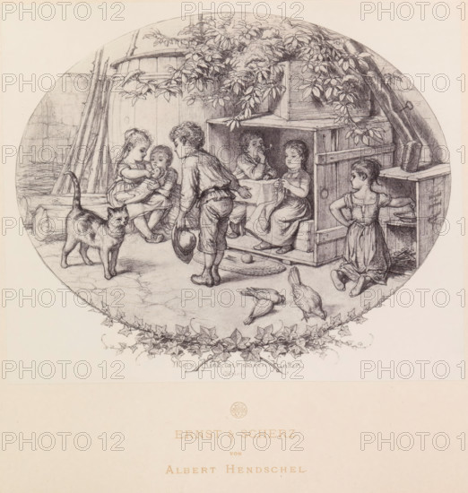 Photo reproduction of a drawing of children playing outside, Ernst & Scherz, reproduction, page, photomechanical print, initials: '...', inscription: 'Mein Kind, wir waren Kinder. (Heine)', photographer: Theodor Huth, Frankfurt am Main, after drawing by Albert Hendschel, maker: Ferdinand August Christian Prestel, c. 1869 - in or before 1879, Hessen, paper, Woodburytype, Woodburytypie, height 171 mm x width 207 mm, children's games and plays, child, A circular pencil drawing shows a group of children gathered around a wooden structure and a large barrel beneath a leafy vine; one child sits inside the open wooden box while another sits nearby knitting, a child stands holding a hat and leans forward toward two seated children one of whom holds a doll, and another child stands with a hand on her hip beside shelving; a cat walks in the foreground and several birds peck at the ground, logs and long poles lean against a stone wall at the left, and climbing ivy frames the lower edge of the cir...