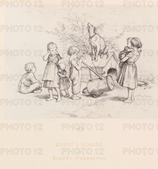 Photo reproduction of a children's drawing in front of a doghouse with a barking dog, Ernst & Scherz, reproduction, page, photomechanical print, initials: '...', photographer: Theodor Huth, Frankfurt am Main, after drawing by Albert Hendschel, maker: Ferdinand August Christian Prestel, c. 1869 - in or before 1879, Theodor Huth, Albert Hendschel, Ferdinand August Christian Prestel, photographer, after drawing by, Hessen, paper, Woodburytype, height 135 mm x width 181 mm, dog, child, A pencil sketch showing a group of children gathered around a dog perched on a raised wooden structure beside a small doghouse, with leafy branches in the background; the children display various postures including one seated on the ground looking up, one standing with hands over ears, a small child leaning against another, a child blowing through a long tube connected to a tipped metal pail, and a girl holding a younger child while facing the dog; scattered objects on the ground include the tipped pail and ...