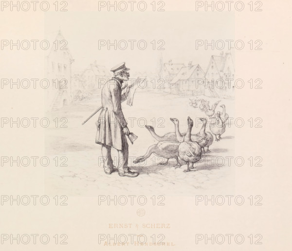 Photo reproduction of a drawing of a man with a newspaper and a bell and a flock of geese in front of him, Ernst & Scherz, reproduction, page, photomechanical print, initials: '...', photographer: Theodor Huth, Frankfurt am Main, after drawing by Albert Hendschel, maker: Ferdinand August Christian Prestel, c. 1869 - in or before 1879, Hessen, paper, Woodburytype, Woodburytypie, height 165 mm x width 170 mm, adult man, water-birds: goose, bell, acoustic signalling, A pencil sketch shows a man standing in profile holding a sheet of paper and a hat, dressed in a long coat and wearing a cap, with a stick resting against his back; he faces a group of geese that are gathered on a cobbled ground, some with necks extended upward and others pecking or standing with rounded bodies; faint outlines of buildings with pitched roofs and chimneys form a distant village backdrop, and there is a light border around the central drawing.
