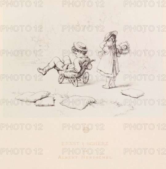 Photo reproduction of a drawing of a boy sitting in a doll's pram with a crying girl behind him holding a doll, Ernst & Scherz, reproduction, page, photomechanical print, initials: '...', photographer: Theodor Huth, Frankfurt am Main, after drawing by Albert Hendschel, maker: Ferdinand August Christian Prestel, c. 1869 - in or before 1879, Theodor Huth, Albert Hendschel, Ferdinand August Christian Prestel, photographer, after drawing by, Hessen, paper, Woodburytype, Woodburytypie, height 137 mm x width 189 mm, child, (playing with) dolls, A delicate pen drawing shows two children in a grassy outdoor setting; one child sits reclining in a small four-wheeled carriage with legs extended and a round hat, the other child stands nearby wearing a dress and bonnet, holding a small doll with a frilled bonnet in one arm and touching their own hat with the other hand; several soft pillows lie on the ground in the foreground and faint outlines of trees and foliage form a light background.