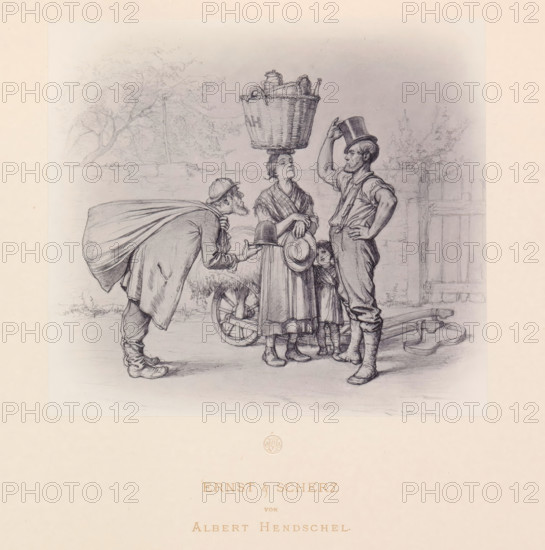 Photo reproduction of a drawing of two people offering merchandise to a man with a top hat, Ernst & Scherz, reproduction, page, photomechanical print, initials: '...', photographer: Theodor Huth, Frankfurt am Main, after drawing by Albert Hendschel, maker: Ferdinand August Christian Prestel, c. 1869 - in or before 1879, Hessen, paper, Woodburytype, Woodburytypie, height 160 mm x width 177 mm, street-trader, head-gear: top hat, A detailed pencil drawing shows a group of people standing in front of a low stone wall and a wooden gate, with faint trees and foliage sketched in the background; a woman stands near the center with a woven basket balanced on her head and a long dress with a shawl, holding a hat at her side, while a man opposite her stands with one hand on his hip and the other tipping a tall hat, wearing rolled-up sleeves, suspenders, trousers, and boots; an older bearded man leans forward from the left, offering a hat with an outstretched hand and carrying a cloak or sack over...
