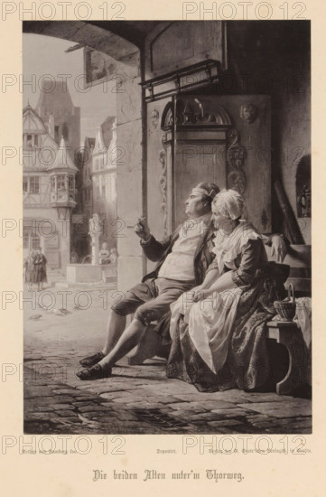 Dieboth Alten unter'm Thorweg, Photoreproduction of a painting depicting Hermann's parents on a bench next to a square, reproduction, page, photomechanical print, cliché maker: Friedrich Bruckmann, after painting by Arthur Georg von Ramberg, c. 1876 - in or before 1881, photographer, paper, collotype, photoprint, height 199 mm x width 139 mm, marriage, married couple, 'matrimonium', bench, A monochrome scene shows a man and a woman seated on a wooden bench under a stone archway beside a carved wooden door. The man leans back with one arm resting on the bench and the other hand holding a small object near his face, dressed in period clothing with a waistcoat and breeches. The woman sits close beside him wearing a headscarf and layered dress with an apron, her hands folded in her lap and a basket at her side. Behind them the doorway features ornate carvings and a decorative panel. Outside the arch a cobbled street opens onto a view of timber-framed buildings with steep roofs and decorati...