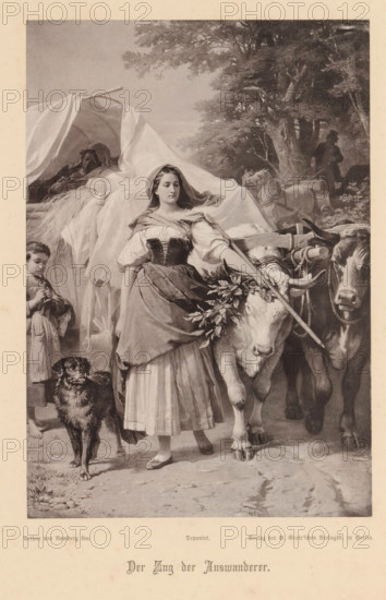 Der Zug der Auswanderer, Photo reproduction of a painting depicting Dorothea in the refugee stream, reproduction, page, photomechanical print, cliché maker: Friedrich Bruckmann, after painting by Arthur Georg von Ramberg, c. 1876 - in or before 1881, photographer, paper, collotype, photoprint, height 199 mm x width 139 mm, adult woman, cow, exile (of old government or its adherents), A grayscale scene showing a young woman standing at the center wearing a layered dress with a fitted bodice and a headscarf, one hand resting on an ox’s head and the other holding a stick, beside a covered wagon draped with cloth and straw where a reclining figure is partially visible; to the left a child stands holding something near their chest and a dog stands in front on the ground, while to the right two oxen with yokes and leafy branches in their harnesses fill the foreground and a man with a wagon and horses stands further back near trees.