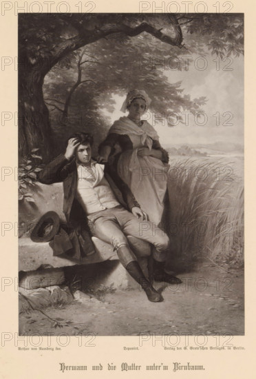 Photo reproduction of a painting depicting Hermann and his mother under a pear tree, Hermann und die Mutter unter'm Birnbaum, reproduction, page, photomechanical print, cliché maker: Friedrich Bruckmann, after painting by Arthur Georg von Ramberg, c. 1876 - in or before 1881, Friedrich Bruckmann, Arthur Georg von Ramberg, photographer, cliché maker, after painting by, paper, collotype, photoprint, height 199 mm x width 139 mm, youth, adolescent, mother and son(s) (family group), 25G3(PEAR-TREE), A grayscale scene shows a young man reclining on a stone ledge beneath a large tree, wearing a jacket, waistcoat, breeches, and tall boots, with one hand resting on his head and a hat and coat beside him; a woman stands behind him, dressed in a long dress with apron, shawl, and a cap, one hand resting on her abdomen and the other on the young man's shoulder; tall grasses and a distant, lightly clouded sky appear to the right, while the left side features the tree trunk and leafy branches formin...