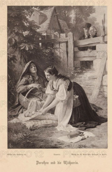Photo reproduction of a painting depicting Dorothea helping a woman in childbirth, Dorothea and the Wöchnerin, reproduction, page, photomechanical print, cliché maker: Friedrich Bruckmann, after painting by Arthur Georg von Ramberg, c. 1876 - in or before 1881, photographer, paper, collotype, photoprint, height 199 mm x width 139 mm, adult woman, woman giving birth (lying-in), A black-and-white scene shows two women and a baby outdoors near a wooden fence and a thatched cottage partially hidden by trees and large-leafed plants. One woman kneels and leans forward over a bundle where a small infant lies on cloths, her sleeves rolled and apron visible, while the other woman sits nearby with a hood or shawl over her head and a woven basket beside her. Two men stand behind the fence looking toward the women, one wearing a hat. The ground around the figures has grass, stones, and scattered cloth and a small bottle, and a large tree trunk and leafy branches frame the left side of the scene.