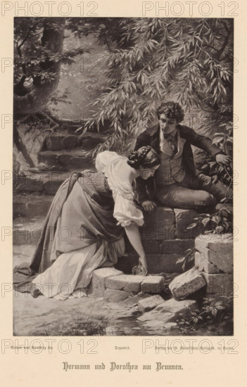 Photo reproduction of a painting depicting Hermann and Dorothea at the well, Hermann und Dorothea aus Brunnen, reproduction, page, photomechanical print, cliché maker: Friedrich Bruckmann, after painting by Arthur Georg von Ramberg, c. 1876 - in or before 1881, photographer, paper, collotype, photoprint, height 199 mm x width 139 mm, adolescent, young woman, maiden, youth, well, A monochrome illustration shows a young woman leaning over a low stone wall, her dress cascading in soft folds and her hair styled in a braided updo, one hand reaching down toward the water below while the other rests on the wall; beside her a young man sits on the wall, dressed in a jacket and waistcoat, leaning slightly toward her with one arm extended to the side and his gaze directed downward. They are surrounded by foliage, with overhanging leafy branches and tree trunks framing a shaded stone stairway in the background; broken stones and scattered rocks lie near the water's edge, and a small pool of water...