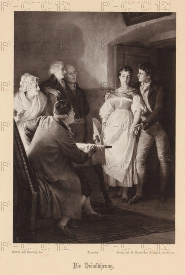 Heimkehr beim Anzug des Gewitters, Photo reproduction of a painting depicting Hermann and Dorothea entering Hermann's parents, reproduction, page, photomechanical print, cliché maker: Friedrich Bruckmann, after painting by Arthur Georg von Ramberg, c. 1876 - in or before 1881, Friedrich Bruckmann, Arthur Georg von Ramberg, photographer, cliché maker, after painting by, paper, collotype, photoprint, height 199 mm x width 139 mm, adolescent, young woman, maiden, youth, interior, representation of a building, parents (first degree family relationships), A group of people stand and sit in a dimly lit interior with paneled walls and a doorway. A young woman wearing a light dress with puffed sleeves stands near the doorway with her eyes closed as a man in a dark jacket stands beside her with one hand on her shoulder and the other near her wrist. In front of them a seated man in a coat leans on a table covered with a cloth, facing the woman, with a feathered quill and an inkpot on the table. ...