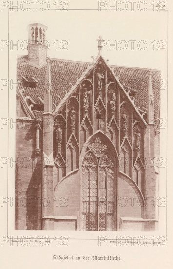 Südgiebel an der Martinikirche, Part of the southern facade of St. Martin's Church in Braunschweig, Braunschweig's Baudenkmäler, page, photomechanical print, number: 'No. 18.', photographer: W. Berge, Braunschweig, cliché maker: Römmler & Jonas, Dresden, publisher: Benno und Wilhelm Danert Goeritz, 1892, Lower Saxony, Saxony, paper, collotype, photoprint, height 154 mm x width 103 mm, church (exterior), facade (of house or building), St. Martin's Church (Braunschweig), A sepia-toned photograph shows the upper facade of a Gothic church gable with an ornate pointed arch window featuring tracery and lattice panes; the gable is decorated with a series of narrow vertical niches containing sculpted statues and flanked by slender pinnacles and carved finials; steep tiled roof sections surround the gable and a small octagonal bell tower with open arches rises above one side; stone buttresses and molded masonry frame the window and niches, and delicate carved foliage and ornamental stonework ac...