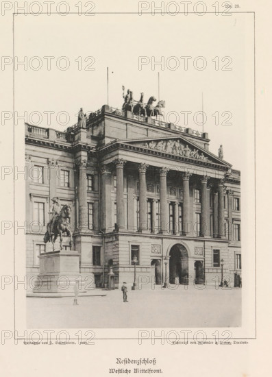 Residenzschloß Westliche Mittelfront, Part of the facade of the Braunschweiger Schloss, Braunschweig's Baudenkmäler, page, photomechanical print, number: 'No. 25.', photographer: J. Schombardt, Braunschweig, cliché maker: Römmler & Jonas, Dresden, publisher: Benno und Wilhelm Danert Goeritz, 1892, J. Schombardt, Römmler & Jonas, Benno und Wilhelm Danert Goeritz, photographer, cliché maker, publisher, Lower Saxony, Saxony, paper, collotype, photoprint, height 156 mm x width 110 mm, palace, façade (of house or building), Braunschweiger Schloss, A large classical stone building facade with tall fluted columns supporting an ornate entablature and a triangular pediment filled with sculpted figures, statues along the roofline and a chariot sculpture with horses on top, an equestrian statue on a raised plinth in front of the building, arched main entranceways, rectangular windows with decorative surrounds, a few small human figures standing near the entrance and on the plaza, and a wide open ...