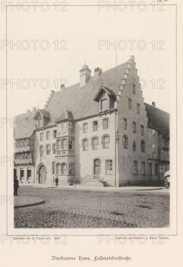 Bierbaum's haus, Fallersleberstraße, Exterior of the Bierbaumsches Haus in Braunschweig, Braunschweig's Baudenkmäler, page, photomechanical print, number: 'No. 30.', photographer: J. Schombardt, Braunschweig, cliché maker: Römmler & Jonas, Dresden, publisher: Benno und Wilhelm Danert Goeritz, 1892, Lower Saxony, Saxony, paper, collotype, photoprint, height 152 mm x width 109 mm, housing, facade (of house or building), Bierbaumsches Haus, A grayscale photograph shows a multi-story building with a steeply pitched roof and stepped gable, featuring ornate window frames and a projecting bay with decorative panels and a small pointed roof; a set of stairs leads to a main entrance with a rounded arch, and small figures stand near the doorway and on the cobbled street in front; neighboring buildings with timbered details are visible to the left, and a partial carriage wheel appears at the right edge; the foreground consists of a cobblestone roadway and a curb.