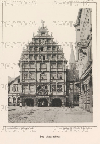 Das Gewandhaus, Front facade of the Gewandhaus in Braunschweig, Braunschweig's Baudenkmäler, page, photomechanical print, number: 'No. 31.', photographer: J. Schombardt, Braunschweig, cliché maker: Römmler & Jonas, Dresden, publisher: Benno und Wilhelm Danert Goeritz, 1892, J. Schombardt, Römmler & Jonas, Benno und Wilhelm Danert Goeritz, photographer, cliché maker, publisher, Lower Saxony, Saxony, paper, collotype, photoprint, height 153 mm x width 112 mm, facade (of house or building), guildhall, Gewandhaus, A tall multi-tiered ornate building façade fills the left and center of the image, featuring stacked horizontal layers with decorative window surrounds, sculpted figures, and ornamental reliefs; the ground level has three large arched openings with people standing and walking nearby, and a cobblestone street extends in front. To the right a narrower street is flanked by another elaborately detailed building with balconies, columns, and carved stonework, and a few more people stan...