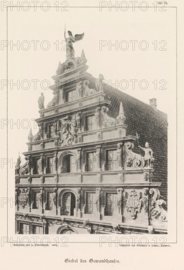 Giebel des Gewandhaus, Part of the facade of the Gewandhaus in Braunschweig, Braunschweig's Baudenkmäler, page, photomechanical print, number: 'No. 32.', photographer: J. Schombardt, Braunschweig, cliché maker: Römmler & Jonas, Dresden, publisher: Benno und Wilhelm Danert Goeritz, 1892, J. Schombardt, Römmler & Jonas, Benno und Wilhelm Danert Goeritz, photographer, cliché maker, publisher, Lower Saxony, Saxony, paper, collotype, photoprint, height 163 mm x width 113 mm, facade (of house or building), guildhall, Gewandhaus, The image shows the ornate facade and steep tiled roof of a historic building, featuring multiple tiers of sculptural architectural details including statues, carved reliefs, decorative scrolls, and framed windows with patterned panes; a winged figure stands atop the highest pediment holding a vertical staff, while other human figures and ornamental motifs occupy ledges and corners along the stepped gable, and the surface displays textured roof tiles and varied stone...