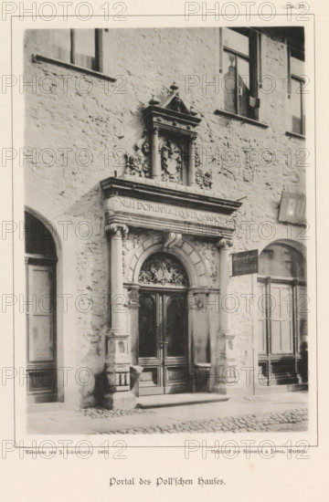 Entrance portal of a building in Braunschweig, Portal des Poll'schen Hauses, Braunschweig's Baudenkmäler, page, photomechanical print, number: 'No. 33.', photographer: J. Schombardt, Braunschweig, cliché maker: Römmler & Jonas, Dresden, publisher: Benno und Wilhelm Danert Goeritz, 1892, Lower Saxony, Saxony, paper, collotype, photoprint, height 161 mm x width 111 mm, facade (of house or building), gate, entrance, A grayscale photograph of a stone building facade showing an ornate arched doorway with carved columns and decorative relief above the lintel, flanked by smooth cylindrical pillars with molded bases and capitals; the double doors beneath the arch have carved panels and a patterned transom with ornamental tracery; the surrounding wall is textured stone with several rectangular windows at higher levels and recessed doorways at street level; a small rectangular hanging sign is mounted near one pillar; the ground in front of the entrance is uneven cobblestone.