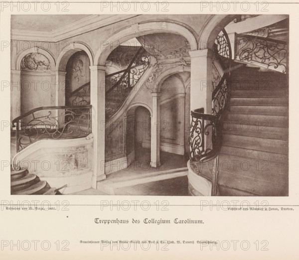 Treppenhaus des Collegium Carolinum, Stairwell of the Collegium Carolinum in Braunschweig, Braunschweig's Baudenkmäler, page, photomechanical print, number: 'No. 36.', photographer: J. Schombardt, Collegium Carolinum, cliché maker: Römmler & Jonas, Dresden, publisher: Benno und Wilhelm Danert Goeritz, Braunschweig, 1892, J. Schombardt, Römmler & Jonas, Benno und Wilhelm Danert Goeritz, photographer, cliché maker, publisher, Lower Saxony, Saxony, paper, collotype, photoprint, height 105 mm x width 159 mm, staircase, A sepia-toned photograph of an interior stairhall with curved stone staircases and ornate wrought-iron railings, showing a sweeping staircase on the right ascending out of frame and a curved balustrade on the left, framed by rounded arches and pilasters with decorative plasterwork and relief motifs, shadowed wall recesses and an arched doorway beneath the stairs, marble or stone steps and landings, and intricate scrollwork on the metal railings.