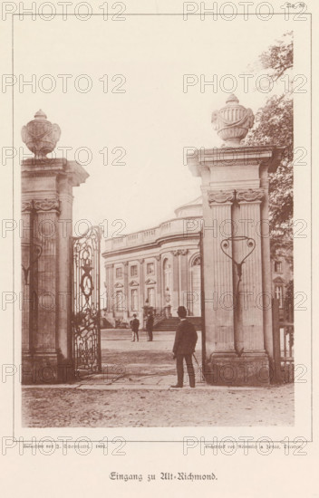 Eingang zu Alt-Richmond, Entrance gate of the Castle Richmond in Braunschweig, Braunschweig's Baudenkmäler, page, photomechanical print, number: 'No. 38.', photographer: J. Schombardt, Braunschweig, cliché maker: Römmler & Jonas, Dresden, publisher: Benno und Wilhelm Danert Goeritz, 1892, J. Schombardt, Römmler & Jonas, Benno und Wilhelm Danert Goeritz, photographer, cliché maker, publisher, Lower Saxony, Saxony, paper, collotype, photoprint, height 157 mm x width 105 mm, fence, wall, eel, castle, Schloss Richmond, A sepia-toned view through a large ornate wrought-iron gate flanked by tall stone pillars topped with decorative urns, showing a classical building with tall windows, decorative cornices, and a curved central section; a few people in period clothing stand near the building and in the foreground a man with a hat and cane faces the gate; trees are visible to the right and paving stones cover the ground.