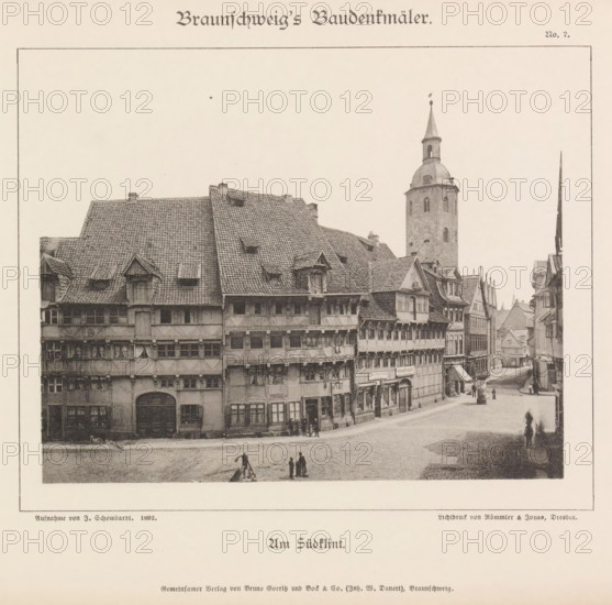 View of the Südklint in Braunschweig, Am Südklint, Braunschweig's Baudenkmäler, page, photomechanical print, number: 'No. 7.', photographer: J. Schombardt, Braunschweig, cliché maker: Römmler & Jonas, Dresden, publisher: Benno und Wilhelm Danert Goeritz, 1892, J. Schombardt, Römmler & Jonas, Benno und Wilhelm Danert Goeritz, photographer, cliché maker, publisher, Lower Saxony, Saxony, paper, collotype, photoprint, height 114 mm x width 141 mm, street, church (exterior), facade (or house or building), Südklint, A sepia-toned street scene showing a row of timber-framed buildings with steep tiled roofs and multiple dormer windows, a tall round tower with a conical spire rising behind the buildings, a cobbled street in front with small groups of people standing and walking, shopfronts and awnings at ground level, and a framed border around the image.
