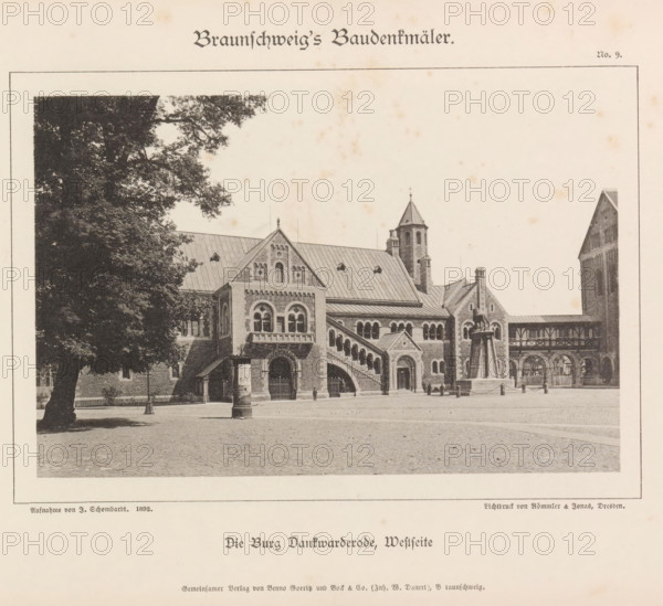 Western facade of the castle Dankwarderode in Braunschweig, Die Burg Dankwarderode, Westseite, Braunschweig's Baudenkmäler, page, photomechanical print, number: 'No. 9.', photographer: J. Schombardt, Braunschweig, cliché maker: Römmler & Jonas, Dresden, publisher: Benno und Wilhelm Danert Goeritz, 1892, J. Schombardt, Römmler & Jonas, Benno und Wilhelm Danert Goeritz, photographer, cliché maker, publisher, Lower Saxony, Saxony, paper, collotype, photoprint, height 102 mm x width 154 mm, castle, facade (of house or building), Dankwarderode, A sepia-toned photograph shows a large stone building with arched windows and decorative brickwork, featuring a steep metal roof, a stepped staircase along the facade, and a turret with a conical top; a tree with dense foliage partly frames the left side while a paved open square stretches across the foreground; a statue mounted on a tall plinth stands near the building and a covered walkway with arched openings connects sections of the structure.
