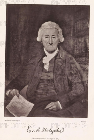 EA Holyoke, Photo reproduction of a portrait of Edward Augustus Holyoke by James Frothingham, reproduction, page, photomechanical print, inscription: '(His autograph at the age of 100.)', maker: Heliotype Printing Company, Boston (Massachusetts), after painting by James Frothingham, c. 1869 - in or before 1879, photographer, North America, Massachusetts, paper, photoaquatint, height 159 mm x width 118 mm, Print opposite title page., Person, Edward Augustus Holyoke, physician, doctor, A seated older man wearing a wig with curled sides and formal clothing including a high-collared shirt with a cravat and a buttoned waistcoat is shown from the waist up, holding a folded sheet of paper in one hand while the other hand rests on his lap, with a dark textured background and partial hints of patterned fabric or furnishings behind him.