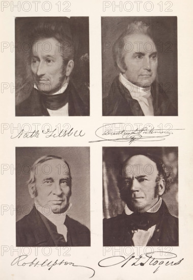 Nath Silsbee Dudley L. Pickman Robert Upton N L. Rogers, Photo reproductions of a portrait of Nathaniel Silsbee, Dudley Leavitt Pickman, Robert Upton and Nathaniel L. Rogers, reproduction, page, photomechanical print, maker: Heliotype Printing Company, Boston (Massachusetts), after painting by anonymous, after sculpture by anonymous, c. 1869 - in or before 1879, photographer, after sculpture by, North America, Massachusetts, paper, photoaquatint, height 241 mm x width 165 mm, Prints opposite page 160., Person, Nathaniel Silsbee, Nathaniel L. Rogers, Robert Upton, merchant, salesman, The image shows a vertical arrangement of four portrait-style photographs of men, two along the top and two below, each framed by a light border on a pale background. The top left portrait depicts a man in three-quarter profile facing right with dark hair brushed back and a high collar and dark coat. The top right portrait shows a man facing slightly left with light hair, a high white collar, and a dark coa...