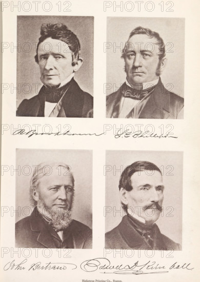 R Brookhouse SC Phillips John Bertram Edward D. Kimball, Photo reproductions of a portrait of Robert Brookhouse, Stephen Clarendon Phillips, Edward D. Kimball and John Bertram, reproduction, page, photomechanical print, maker: Heliotype Printing Company, Boston (Massachusetts), after print by anonymous, after sculpture by anonymous, c. 1869 - in or before 1879, photographer, after print by, after sculpture by, North America, Massachusetts, paper, photoaquatint, height 241 mm x width 165 mm, Prints opposite page 182., Person, Edward D. Kimball, Robert Brookhouse, John Bertram, merchant, salesman, A vertical sheet shows four sepia portrait prints arranged in a two-by-two grid on a light background, each portrait framed by a rectangular border. The top left portrait depicts a man with dark hair swept back and sideburns, wearing a dark coat and high-collared shirt with a visible dark cravat. The top right portrait shows a man with wavy hair and prominent sideburns, dressed in a dark coat, ...