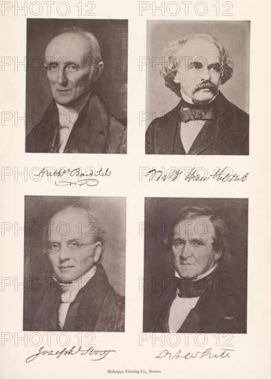 Photo reproductions of portraits of Nathaniel Bowditch, Nathaniel Hawthorne, Joseph Story and Daniel A. White, Nath Bowditch Nath Hawthorne Joseph Story DA White, reproduction, page, photomechanical print, maker: Heliotype Printing Company, Boston (Massachusetts), after painting by Charles S. Osgood, after sculpture by anonymous, after print by anonymous, c. 1869 - in or before 1879, photographer, after sculpture by, after print by, North America, Massachusetts, paper, photoaquatint, height 241 mm x width 165 mm, Prints opposite page 240., Person, Nathaniel Bowditch, Joseph Story, Daniel A. White, portrait of a writer, lawyer, attorney at law, The image shows a page with four monochrome portrait prints arranged in a two-by-two grid, each portrait depicting a different middle-aged or older man shown from the chest up, wearing dark formal coats and high collars; the top left portrait features a man with a receding hairline and thin lips looking slightly forward, the top right portrait sh...