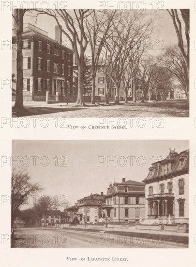 View of Chestnut Street and Lafayette Street in Salem, View on Chestnut Street. View on Lafayette Street, page, photomechanical print, Salem (Massachusetts), maker: Heliotype Printing Company, Boston (Massachusetts), 1879-04, photographer, North America, Massachusetts, paper, photoaquatint, height 241 mm x width 165 mm, Prints opposite page 264., street, housing, A sepia-toned image showing two wide street scenes stacked vertically, each framed with rows of leafless trees lining dirt roads and bordered by large, multi-story houses with porches, bay windows, and decorative rooflines; the upper scene features a prominent brick house at the left with shuttered windows and a columned entrance, tall bare trees in front casting shadows, and a long avenue of similarly styled houses receding into the distance; the lower scene shows a broad street edged by ornate Victorian houses with mansard roofs, balustraded porches, stone fences, and lamp posts, with leafless trees along the sidewalks and a...