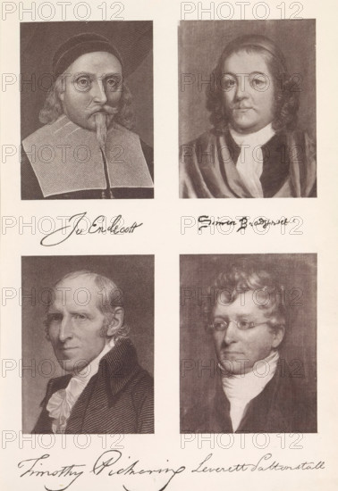 Photo reproductions of a portrait of John Endicott, Simon Bradstreet, Timothy Pickering and Leverett Saltonstall, Jo. Endicott Simon Bradstreet Timothy Pickering Leverett Saltonstall, reproduction, page, photomechanical print, maker: Heliotype Printing Company, Boston (Massachusetts), after print by anonymous, after painting by anonymous, after painting by Charles S. Osgood, c. 1869 - in or before 1879, photographer, after print by, North America, Massachusetts, paper, photoaquatint, height 241 mm x width 165 mm, Prints opposite page 14., Person, Timothy Pickering, John Endecott, Leverett Saltonstall, politician, eg party leader, The image shows a vertical arrangement of four sepia-toned portrait prints in two columns, each portrait framed by a white margin; the top left portrait depicts an older man wearing a dark cap and a broad white collar with long facial hair extending from his chin, the top right portrait shows a man with shoulder-length wavy hair, a white cravat, and a dark rob...