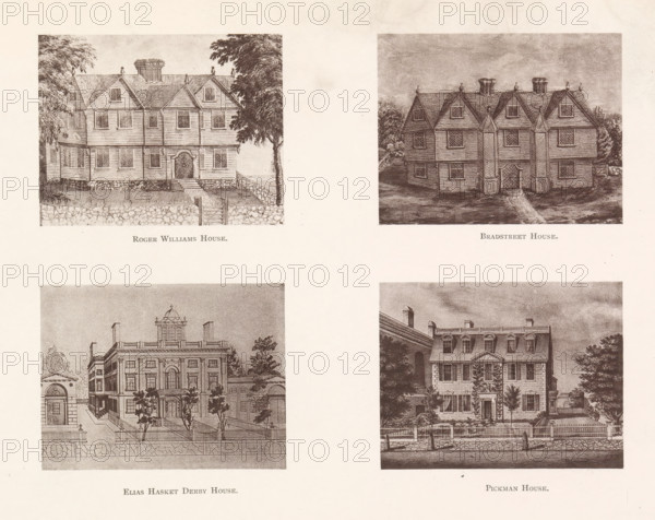 Roger Williams House. Brad Street House. Elias Hasket Derby House. Pickman House., Photo reproductions of four drawings of houses in Salem, reproduction, page, photomechanical print, maker: Heliotype Printing Company, Boston (Massachusetts), after drawing by anonymous, Salem (Massachusetts), c. 1869 - in or before 1879, photographer, North America, Massachusetts, paper, photoaquatint, height 165 mm x width 241 mm, Prints opposite page 30., housing, Four rectangular sepia-toned architectural illustrations arranged in a two-by-two grid occupy a textured cream background, each showing a different multi-story house with surrounding landscaping; the top-left image depicts a timber-framed house with a gabled roof, dormer windows, a central arched doorway reached by steps, stone foundation and trees flanking the building, with a low stone wall in front; the top-right shows a symmetrical house with steep gables, multiple chimneys, bay-like vertical projections beside the central entrance, mull...