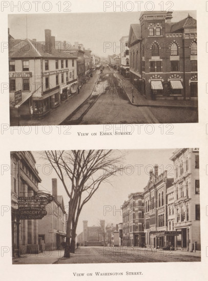 View of Essex Street and Washington Street in Salem, View on Essex Street. View on Washington Street, page, photomechanical print, Salem (Massachusetts), maker: Heliotype Printing Company, Boston (Massachusetts), 1879-04, photographer, North America, Massachusetts, paper, photoaquatint, height 241 mm x width 165 mm, Prints opposite page 46., department store, supermarket, street, housing, A sepia-toned print showing two street views stacked vertically, each framed by buildings and a roadway with visible tram tracks; the upper view features a wide street flanked by multi-story brick and wooden buildings, a larger ornate brick building with arched windows on the right, storefronts with awnings, and a long straight perspective disappearing into the distance; the lower view shows a tree-lined street with bare branches in the foreground, rows of tall commercial buildings with decorative facades and multiple windows on both sides, sidewalk areas, and a cobbled roadway with tracks stretching ...