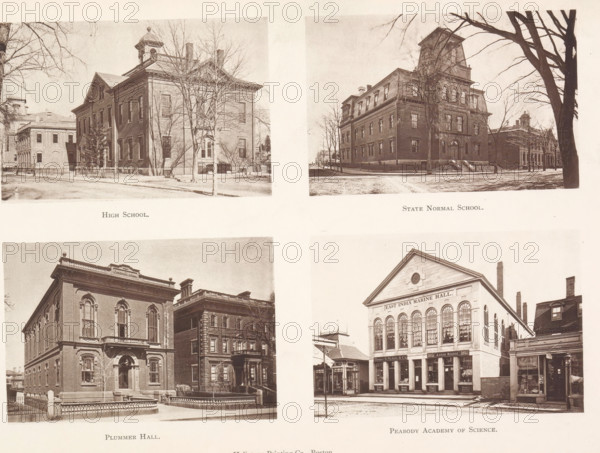 High School. State Normal School. Plummer Hall. Peabody Academy of Science, View of four schools in Salem, page, photomechanical print, Salem (Massachusetts), maker: Heliotype Printing Company, Boston (Massachusetts), 1879-04, photographer, North America, Massachusetts, paper, photoaquatint, height 165 mm x width 241 mm, Prints facing page 102., secondary education, university building, college, A sepia-toned page shows four photographic images of different large brick buildings arranged in a two-by-two grid, each image framed by white margins. In the upper left image a two-story brick building with a pitched roof and a small cupola sits behind a low iron fence, leafless trees stand in front and neighboring structures are visible to the left. The upper right image shows a taller multi-story brick building with a mansard roof and a central entrance with steps, a large tree trunk and branches frame the right edge, and additional buildings recede in the background. The lower left image de...